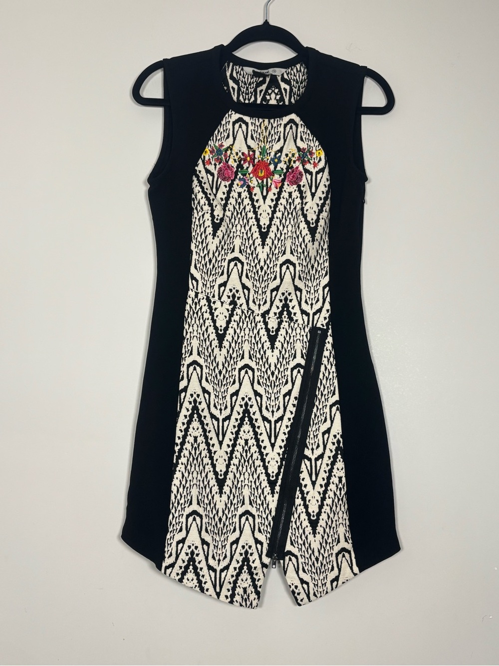 Desigual Black and White Patterned Mini Dress with Floral Embroidery